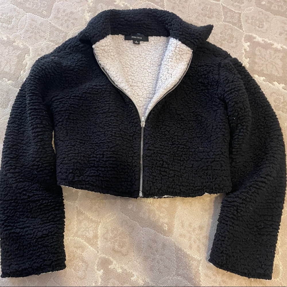 Black Furry Cropped Zip Up